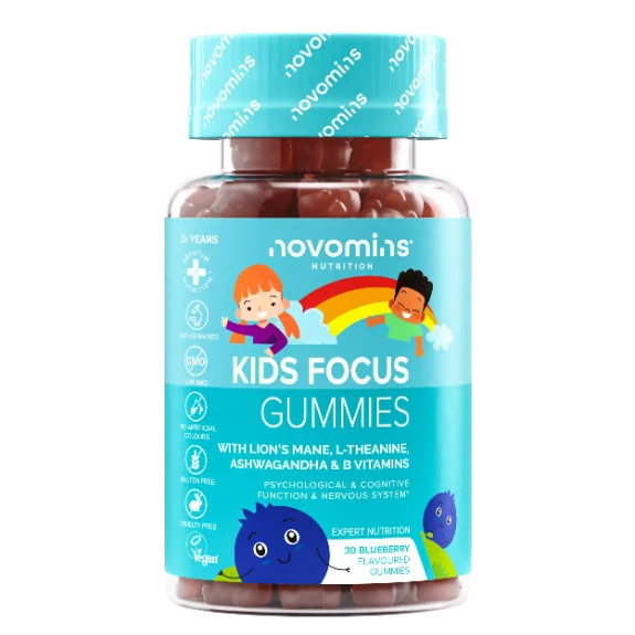 Kids focus gummies for concentration, blueberry flavour, close-up